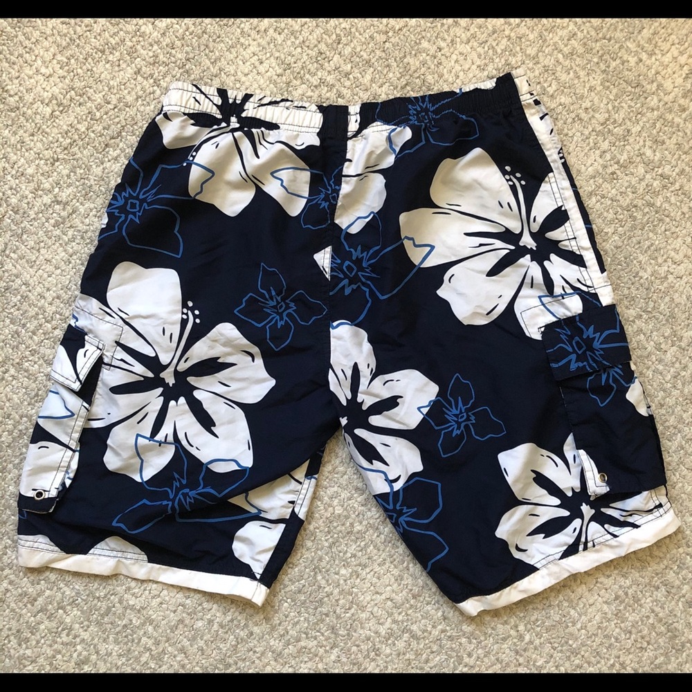 Blue White Hawaiian Hibiscus Board Shorts Swim Trunks Medium - Picture 3 of 12